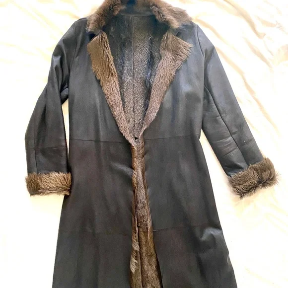 Vintage WHISTLES Dark Brown Soft Leather & Fur Long Overcoat Size Medium